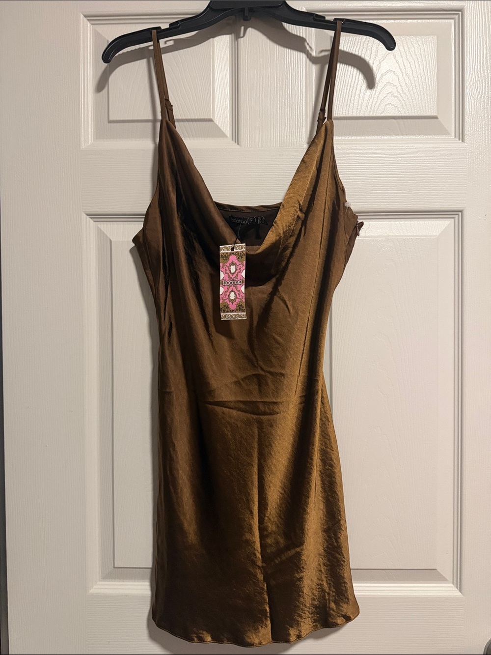 Boohoo Petite Brown Satin Cowl Neck Slip Dress